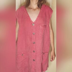 NU Construction XL PinkRedish Slvlss 100% LINEN Pockets Buttons Up Women Tunick